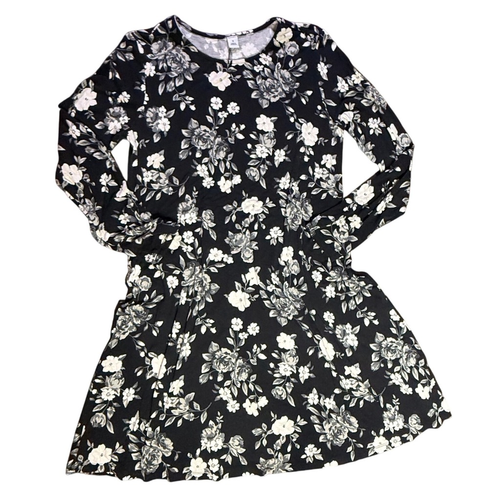 Old Navy Floral Print Long‎ Sleeve Dress Black White Women's Medium